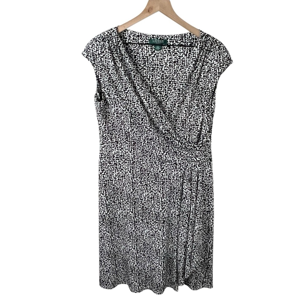Lauren Ralph Lauren Womens 16 Black White Geometric Print Jersey Stretch Dress